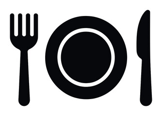 Poster - Dining essentials icon set: fork, knife, and plate in simple linear style for food and restaurant themes