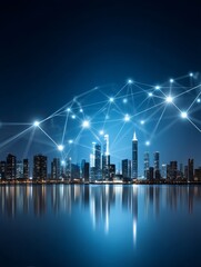 Poster - Smart City Network: Connecting the Future - A futuristic city skyline at night, illuminated with network connections symbolizing technology, innovation, progress, connectivity, and urban development