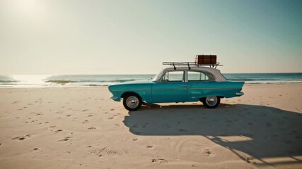 Poster - Turquoise vintage automobile resting on sandy shoreline, roof rack loaded with luggage, embodying nostalgic summer travel spirit against sun drenched coastal landscape