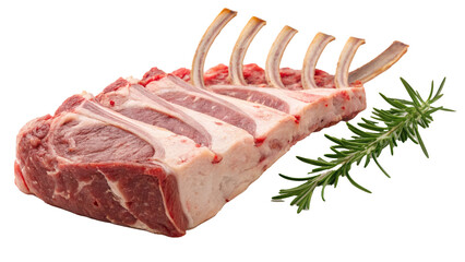 Poster - raw lamb rack with exposed bones is displayed alongside sprig of fresh rosemary, showcasing butcher cut. meat appears fresh and ready for cooking