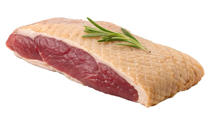Poster - raw duck breast with skin on and visible fat is garnished with sprig of rosemary, showcasing fresh and appetizing appearance