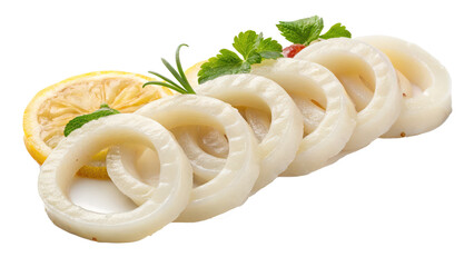 Poster - Raw squid rings arranged with lemon slices and fresh herbs, ready for frying. presentation is clean and appetizing, highlighting freshness of ingredients