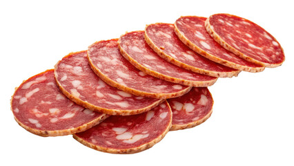 Poster - Sliced salami arranged in overlapping layers, showcasing rich red color and marbled texture. slices are evenly cut, highlighting savory and appetizing appearance
