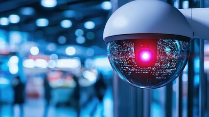 Poster - High-tech surveillance camera with vibrant digital display monitoring urban environment at night with blurred lights in background