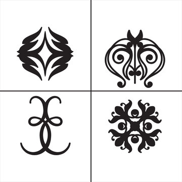 Set of 4 outline alpona and with floral tattoo, alpona silhouette editable vector isolated on background