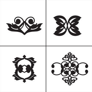 Set of 4 outline alpona and with floral tattoo, alpona silhouette editable vector isolated on background