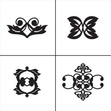 Set of 4 outline alpona and with floral tattoo, alpona silhouette editable vector isolated on background