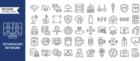 Technology Network line editable icons set in line style. Containing cloud storage, voice assistant, data analytics, internet, network security and more. Vector illustration