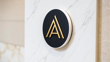 Poster - A golden letter a on a black circular sign mounted on a white marble wall in a modern building created with generated ai
