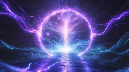 a mystical portal of vibrant purple and blue energy glows, inviting exploration into a surreal, drea
