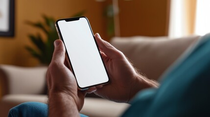 Man is holding a cell phone with a white screen. Concept of loneliness and disconnection, as the man is the only person in the scene. The white screen of the phone further emphasizes the emptiness