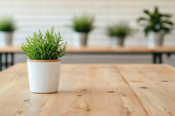Poster - Small plant resting on modern wooden table in blurred loft setting