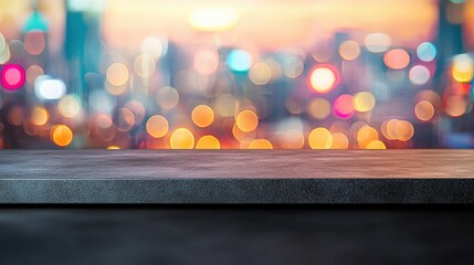 Fototapete - Empty black countertop with blurred neon cityscape backdrop at sunset