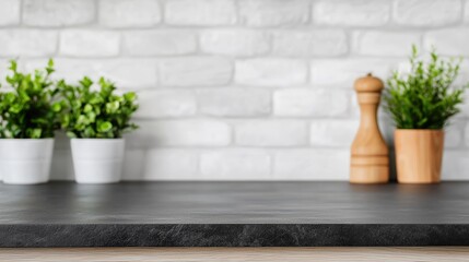 Aufkleber - Empty black stone countertop with blurred kitchen background for upscale food presentation