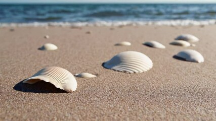 Poster - Pristine white seashells resting peacefully on golden sandy shore. Glistening under bright sunlight with gentle blue ocean waves lapping softly near coastal horizon
