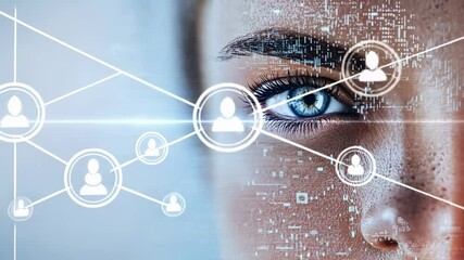 Poster - Futuristic vision of a woman's eye showcasing a digital user interface with data analysis, symbolizing technological advancements in eye tracking, biometrics, and visual recognition