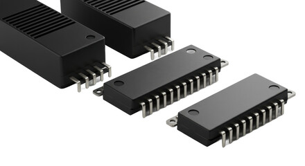 Poster - A close up view of black electronic components with metal pins on a black background in a studio shot
