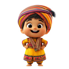 Aufkleber - Charming animated character with vibrant turban and traditional attire on black backdrop