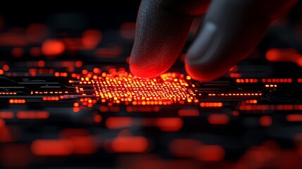 Fototapete - Human Finger Interacting with Futuristic Technology Interface Featuring Red Glowing Lights and Dark Abstract Background.