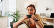 © peopleimages.com - Happy, relax and woman in home with coffee for caffeine beverage or cappuccino in morning. Aroma, apartment and person with mug for calm, break and rest for wellness, peace or satisfaction on weekend