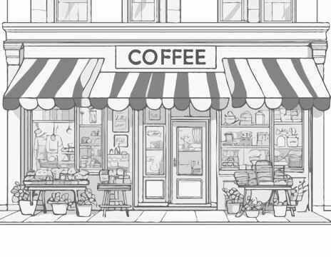 Local small businesses black and white 2D illustration concept. Coffee shop, clothes store and bakery on street cartoon scene background. Entrepreneur services outline scene vector image