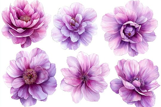 The floral illustration features a set of pink flowers, including peonies, on a white isolated background, rendered in watercolour