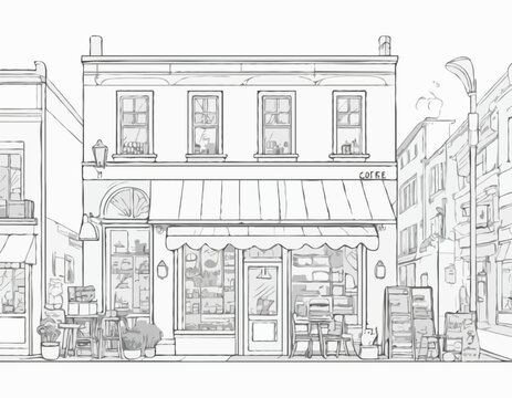 Local small businesses black and white 2D illustration concept. Coffee shop, clothes store and bakery on street cartoon scene background. Entrepreneur services outline scene vector image