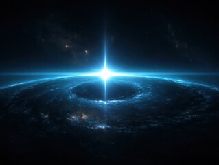 stunning view of a celestial event with blue cosmic cloud formations, a bright light source, and sur