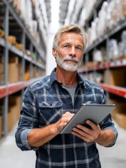 Poster - Warehouse Management: Accounting and Bookkeeping - A middle-aged man uses a tablet in a warehouse, symbolizing inventory, logistics, data analysis, efficiency, and financial control