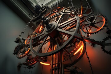Wall Mural - intricate clockwork gears glowing with warm light, a mesmerizing steampunk-inspired mechanical marve