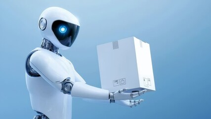 Poster - White humanoid robot with glowing blue eye holding white delivery box against blue background. Precise robotic movement with advanced mechanical design.