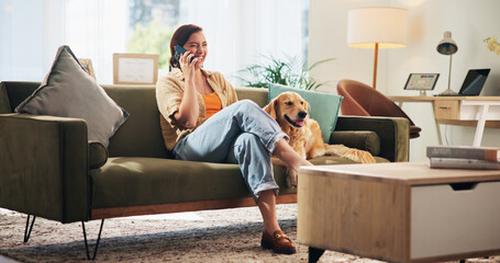 Poster - Home, phone call and woman with dog on sofa for bonding, animal care and relax in living room. Talking, pet and person with Golden Retriever on smartphone for online chat, social media and contact