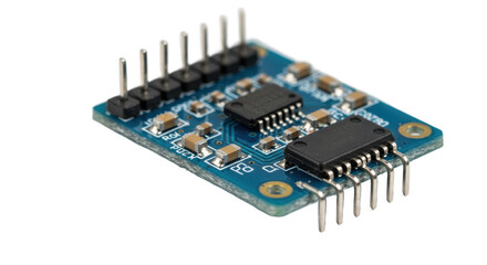 Poster - A close up shot of a blue circuit board with black chips and metal pins on a black background