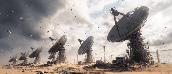 an array of satellite dishes stand against a tumultuous sky, amidst debris, evoking a sense of aband