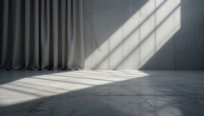 Poster - Sunlight shadows creating artistic patterns in minimalist indoor space modern studio photography calm environment low angle view light and texture concept