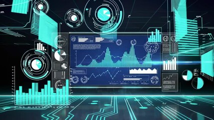 Aufkleber - Complex digital business data analysis displaying on a futuristic screen with various charts, graphs, and indicators, suggesting advanced technological processing and interpretation of information