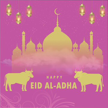 Eid Al Adha Mubarak with Mosque, Stars and Lanterns as Background