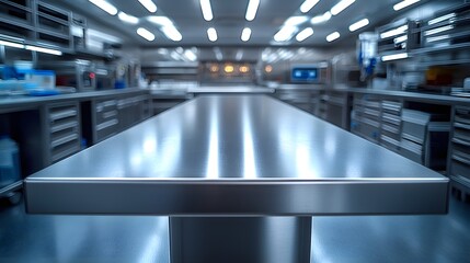 Poster - Metallic table in a bright sterile lab environment for displaying product concepts