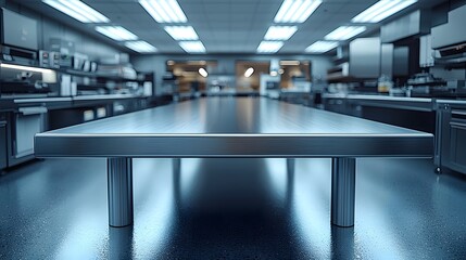 Poster - Metallic table with brushed aluminum surface in a bright sterile lab environment