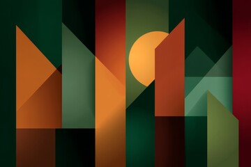 Poster - Geometric Sunset Cityscape - Abstract art depicting a modern city at sunset, symbolizing urban life, harmony, transition, growth, and hope