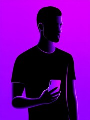 Poster - Man Using Smartphone at Night - Silhouette of a man holding a smartphone against a vibrant purple background. Modern and stylish