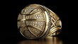 Luxurious gold championship ring designed in the shape of a basketball, showcasing intricate diamond details against a dark backdrop