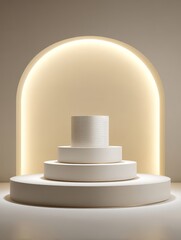 Poster - Minimalist Beige Product Display with Illuminated Arch - Elegant product showcase featuring a three-tiered, white cylindrical display against a soft beige background