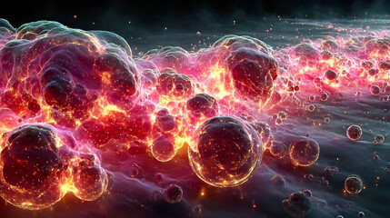 Poster - Highly detailed abstract rendering of glowing pink and orange biological cells floating in dark space, suggesting futuristic microbiology or sci-fi genetics