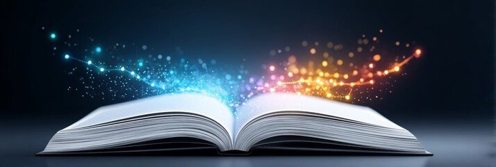 Poster - Open Book Data Visualization Magic - An open book reveals colorful data visualizations and magical light trails, symbolizing knowledge, discovery, innovation, imagination, and potential
