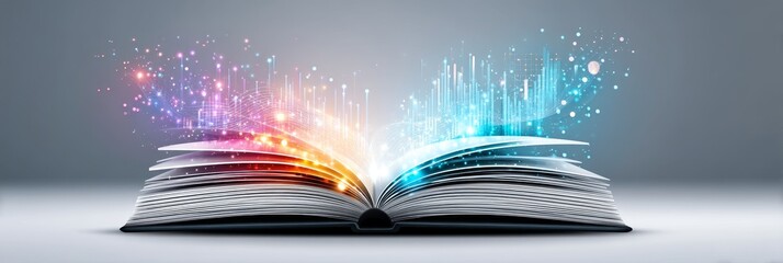 Poster - Open Book of Data Visualization - An open book with colorful data visualizations emerging from its pages. Symbolizing knowledge, innovation, data analysis, education and technology