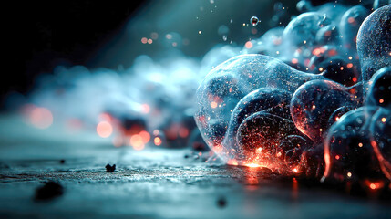 Poster - Glowing translucent bubbles emit fiery light in a surreal ambient space, surrounded by mist and glittering particles