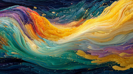 Poster - Abstract swirl of vibrant paint strokes forming a dynamic wave-like composition with rich texture and movement in rainbow tones