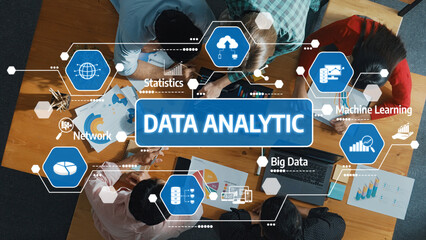Poster - a group of professionals collaborates on data analytic strategies, utilizing modern tools and visual