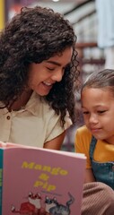 Poster - Happy, teacher and child with book in library for knowledge, fantasy story and language development. Woman, student and excited with novel for learning support, storytelling and reading information